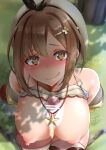 1boy 1girl :q absurd_res andouyu atelier_(series) atelier_ryza bar_censor bare_shoulders big_breasts blush breasts brown_eyes brown_hair censored clothed_female collarbone eyebrows_visible_through_hair from_above grass hair_ornament hairclip hat high_res jewelry looking_at_viewer male male/female naughty_face necklace nipples paizuri penis reisalin_stout short_hair smile star stockings tagme teen tongue tongue_out video_game_character video_game_franchise white_headwear white_legwear