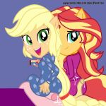  2_girls 2boys applejack aqua_eyes ass bed blond_hair blue_background breasts buttjob cloppy_hooves clothed clothed_female clothed_female_nude_male cum cum_on_clothes cum_on_self equestria_girls freckles friendship_is_magic green_eyes hand_on_own_ass hasbro holding_phone long_hair looking_back multicolored_hair my_little_pony necklace nude nude_male open_mouth pajamas penis phone pointy_ears ponytail recording simple_background sunset_shimmer tagme 