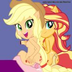  2_girls 2boys applejack aqua_eyes ass bed blond_hair blue_background breasts buttjob cloppy_hooves cum cum_on_lower_body cum_on_self equestria_girls freckles friendship_is_magic green_eyes hand_on_own_ass hasbro hat holding_phone long_hair looking_back multicolored_hair my_little_pony necklace nipples nude open_mouth penis phone pointy_ears ponetan ponytail recording sideboob simple_background sunset_shimmer tagme 