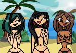 asian asian_female beach bikini black_eyes black_hair breasts brown_hair brown_skin cartoon_network courtney_(tdi) cover_up covering_breasts dark-skinned_female dyed_hair ear_piercing earrings goth green_hair green_lipstick gwen_(tdi) heather_(tdi) hourglass_figure jewelry latina lipstick long_hair multicolored_hair navel pale-skinned_female piercings red_lipstick short_hair smile thick_ass thick_legs thick_thighs topless total_drama_island two_tone_hair