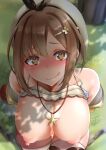 1boy 1girl :q absurd_res andouyu atelier_(series) atelier_ryza bar_censor bare_shoulders big_breasts blush breasts brown_eyes brown_hair censored clothed_female collarbone eyebrows_visible_through_hair from_above grass hair_ornament hairclip hat high_res jewelry looking_at_viewer male male/female naughty_face necklace nipples reisalin_stout short_hair smile star stockings tagme teen tongue tongue_out video_game_character video_game_franchise white_headwear white_legwear