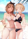 2_girls ;d ^_^ absurd_res ass_visible_through_thighs atelier_(series) atelier_ryza beach big_breasts bikini black_bikini blonde_hair blurry blurry_background blush bow bracelet braid breasts bright_pupils brown_hair cleavage closed_eyes clothed_female cowboy_shot depth_of_field detexted female_focus female_only hair_ornament hair_ribbon hair_up hairband hairbow hairclip halterneck high_res horizon horny jewelry klaudia_valentz long_hair medium_breasts multiple_girls navel necklace o-ring o-ring_bikini o-ring_bottom official_art one_eye_closed open_mouth outside outstretched_hand print_bikini reisalin_stout ribbon short_hair side_braid sidelocks smile swimsuit tagme teen thighs third-party_edit toridamono video_game_character video_game_franchise white_bikini white_pupils