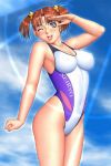 1girl ;d arm_up armpits arms_up bangs big_breasts blue_eyes blush breasts cleavage clenched_hand cloud competition_swimsuit earrings erect_nipples eyelashes fingernails fist game_cg hair_bobbles hair_ornament highleg highleg_swimsuit impossible_clothes impossible_clothing impossible_swimsuit jewelry large_breasts long_fingernails looking_at_viewer mifune_chiho one-piece_swimsuit one_eye_closed open_mouth outdoors outside parted_bangs red_eyes salute seiryo short_hair short_twintails sister_mermaid sky smile solo standing swimsuit thighs tsukasa_jun twin_tails twintails wink 