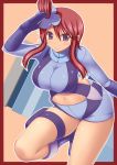  1girl bad_id blue_eyes blue_gloves border breasts cleavage d_kurouri fuuro_(pokemon) gloves gym_leader hair_ornament large_breasts leg_lift long_hair midriff navel pokemon pokemon_(game) pokemon_black_and_white pokemon_bw red_border red_hair skyla smile solo 