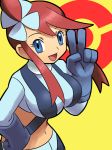  1girl :d art babe big_breasts blue_eyes blue_gloves bm03 breasts fuuro_(pokemon) gloves gym_leader hair_ornament hand_on_hip looking_at_viewer midriff navel nintendo open_mouth pokemon pokemon_(anime) pokemon_(game) pokemon_black_and_white pokemon_bw red_hair redhead short_hair_with_long_locks side_ponytail skyla smile v yellow_background 