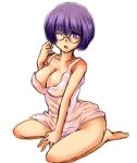  1girl barefoot breasts cleavage elite_four feet glasses lowres pokemon purple_hair shikimi_(pokemon) short_hair wink 