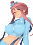  1girl blue_eyes blue_gloves blush breasts erect_nipples fuuro_(pokemon) gloves gym_leader hair_ornament huge_breasts impossible_clothes impossible_clothing impossible_shirt large_breasts long_hair midriff navel open_mouth pokemon pokemon_(game) pokemon_black_and_white pokemon_bw red_hair shirt simple_background skyla solo suspenders sweat toshi_makoto white_background 