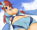  1girl blue_eyes blue_gloves blue_sky breasts cloud fuuro_(pokemon) gloves gym_leader large_breasts long_hair midriff navel open_mouth pokemon red_hair skyla solo 