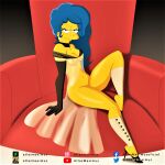  blue_hair boots breasts erect_nipples gloves hair_down high_heels marge_simpson see-through the_simpsons thighs yellow_skin 