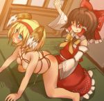  2girls :p alice_margatroid all_fours animal_ears ass bdsm blonde_hair blue_eyes blush bondage bound breasts brown_hair dress fang female_focus femdom fingering hakurei_reimu highres indoors japanese_clothes kneeling miko multiple_girls nipples nude pussy_juice red_eyes shibari spanked spread_legs tears tongue tongue_out touhou yuri zamudelin 