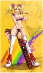  big_breasts blonde_hair blood breasts chainsaw cheerleader cleavage green_eyes hair heart juliet_starling lollipop lollipop_chainsaw long_hair nick_carlyle nude piercing shadman skirt twin_tails weapon wink 