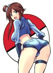  1girl ass blue_eyes breasts brown_hair fuuro_(pokemon) gym_leader hair_ornament highres labia large_breasts looking_back midriff ooike_teru poke_ball pokemon pokemon_(game) pokemon_black_and_white pokemon_bw pussy red_hair redhead short_shorts shorts smile solo 