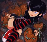  1girl black_hair black_nails blue_eyes halloween handjob hotel_transylvania humanoid looking_at_viewer mavis_dracula milf not_cum optionaltypo pumpkin shoes solo_female sony_pictures_animation stockings striped_panties striped_stockings striped_thighhighs tongue tongue_out vampire 
