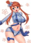  1girl blue_eyes blue_gloves breasts floral_background fuuro_(pokemon) gloves gym_leader hair_ornament large_breasts midriff navel open_mouth po_ni pokemon pokemon_(game) pokemon_bw red_hair shorts skyla smile solo 