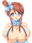  1girl areolae bad_id bare_shoulders blue_eyes blush breast_squeeze breasts brown_hair bursting_breasts fuuro_(pokemon) gym_leader huge_breasts long_hair naru_(kuma) nipples pokemon pokemon_(game) pokemon_black_and_white pokemon_bw red_hair simple_background skindentation sling_bikini smile solo swimsuit too_small undersized_clothes white_background 