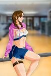  1girl alluring athletic_female brown_eyes brown_hair female_abs fit_female fitness gym gym_shorts julia_chang namco neck_sweater shorts sports_bra tekken tekken_3 tekken_4 tekken_5 tekken_5_(dark_resurrection) tekken_7 tekken_8 tekken_bloodline tekken_tag_tournament tekken_tag_tournament_2 underangelx 