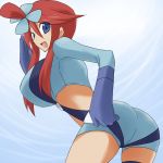  1girl ass blue_eyes breasts cleavage fuuro_(pokemon) gym_leader happy huge_breasts large_breasts leaning_forward long_hair looking_at_viewer midriff open_mouth pokemon red_hair smile solo 