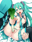  1girl anus aqua_eyes aqua_hair ass blush boots breasts censored detached_sleeves female hatsune_miku insertion long_hair masturbation miku_hatsune necktie nipples object_insertion open_clothes open_mouth open_shirt panties panties_around_leg panties_around_one_leg pointless_censoring pussy pussy_juice saliva shirt shuusaku shuusaku_(shoh) simple_background skirt skirt_around_one_leg solo spring_onion stockings striped striped_panties sweat thigh_boots thighhighs twin_tails twintails underwear very_long_hair vocaloid white_background 