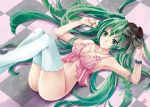 1girl armpits bottomless bracelet checkered checkered_floor chengshan0708 floor green_eyes green_hair hatsune_miku jewelry long_hair lying miku_hatsune necklace on_back solo spring_onion thighhighs twintails very_long_hair vocaloid