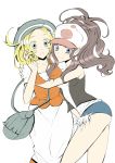  2girls arm arms art ass babe bag bare_arms bare_legs baseball_cap bel_(pokemon) bell_(pokemon) big_breasts blonde blonde_hair blush breasts brown_hair embarrassed friends hat hugging legs long_hair long_skirt looking_at_viewer love multiple_girls nintendo pokemon pokemon_(anime) pokemon_(game) pokemon_black_and_white pokemon_bw ponytail short_hair short_shorts shorts shy simple_background skirt smile standing touko_(pokemon) white_(pokemon) white_background white_skirt xxvsxx yuri 