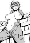  1girl bad_id big_breasts blush breasts breasts_outside discreet_vibrator erect_nipples exhibitionism hairy_pussy idolmaster idolmaster_cinderella_girls jumpsuit large_breasts monochrome nipples oikawa_shizuku open_clothes open_mouth pubic_hair pussy_juice railing short_hair solo sweatdrop tkhs vibrator 