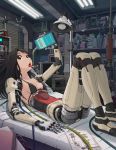 1girl android bed black_eyes black_hair brown_eyes brown_hair cable dark_hair drink drinking exposed_parts face highres long_hair looking_at_viewer lying lying_down machine oil original robo robot robot_joints solo strap_gap sukabu tongue tube wire wires work