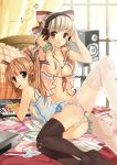  2_girls 2girls ass babydoll black_legwear blonde_hair blue_eyes earphones female_only flat_chested front-tie_top funifuni hair headphones high_res highres kusukoni_melco legs lingerie long_hair looking_at_viewer mouth_hold multiple_girls no_bra no_panties open_clothes open_shirt original panties pocky shirt short_hair small_breasts stockings striped striped_panties thighhighs twin_tails underwear white_legwear 