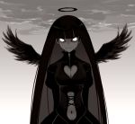 1girl angel as109 black_hair black_wings breasts cleavage cleavage_cutout dark_persona evil_smile eyes female female_only glowing glowing_eyes halo heart heart_cleavage_cutout heart_cutout long_hair looking_at_viewer monochrome navel panty_&amp;_stocking_with_garterbelt sky smile solo spoilers stocking_(psg) stocking_anarchy tsurime very_long_hair white_eyes wings zipper