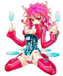  1girl android bad_id breasts cd cds center_opening cleavage copyright_request erect_nipples floating headphones leggings long_sleeves machine mouth_hold panties pink pink_eyes pink_hair robo robot robot_ears robot_joints sleeves_past_wrists solo spread_legs thighhighs tube turtleneck underwear wavy_hair wire wires zakki 