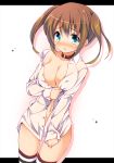  1girl blue_eyes blush breasts brown_hair chiri_(atlanta) cleavage collar gradient_eyes high_res highres letterboxed multicolored_eyes naked_shirt navel no_bra original shirt shirt_pull short_hair sleeves_past_wrists solo stockings striped striped_legwear thighhighs twin_tails twintails white_shirt 