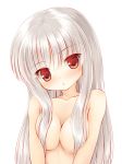  1girl blush breasts bust censor_hair cleavage hair_censor hair_over_breasts head_tilt long_hair looking_at_viewer nude open_mouth original red_eyes silver_hair simple_background smile solo upper_body white_background white_hair yuku_(kiollion) 