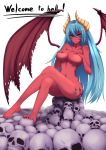 1girl bad_id barefoot big_breasts blue_hair breast_hold breast_suppress breasts copyright_request coupe50 coupe50_(artist) crossed_legs demon_girl demon_wings english facial_mark feet fingernails horns large_breasts large_wings legs legs_crossed long_hair long_legs looking_at_viewer nail_polish navel nude pile_of_skulls red_skin sitting skull smile solo succubus toenails toes very_long_hair wings yellow_eyes 