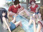 1boy 3_girls 3girls barefoot belt blush bottomless breasts brown_hair cellphone cellphone_camera censored cleavage clothed_female_nude_male dangling_testicles erection feet femdom footjob hetero kimi_no_chin_chin_shamerasete_konyoku_onsen_hen koube_an legs long_hair male mixed_bathing mountain multiple_footjob multiple_girls onsen open_mouth penis phone photographic_proof s-soft setsugen short_hair shorts sitting skirt smile squatting steam tears testicle testicles v water