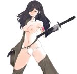  1girl black_hair breasts brown_eyes collarbone copyright_request eyepatch fundoshi katana kazaana lips long_hair navel simple_background solo sword tattoo topless weapon white_background 