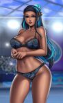 1girl alluring black_hair blue_highlights dark-skinned_female female_abs female_focus female_only flowerxl high_res long_hair mature mature_female nessa_(pokemon) nintendo patreon patreon_paid patreon_reward pokemon pokemon_ss solo_female solo_focus two_tone_hair video_game_character video_game_franchise