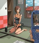  1girl android aqua_eyes barefoot blue_eyes brand_name_imitation breasts brown_hair calendar_(object) camera camera_phone cellphone cellphone_camera cellphone_picture cerulean_eyes charging cleavage clothed house intel jittsu looking_away machine off_shoulder original phone photo_(object) plug robo robot robot_joints room seiza short_hair shorts sitting sky solo_focus sony strap_slip striped_tank_top tank_top tattoo v_arms viewfinder wariza window wire wires 