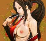  1girl bare_shoulders big_breasts breast_slip breasts brown_hair closed_fan fan fatal_fury female folding_fan kazaana king_of_fighters large_breasts lips long_hair mai_shiranui nipples off_shoulder one_breast_out ponytail shiranui_mai snk solo the_king_of_fighters undressing 