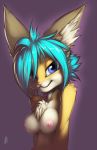 2012 animal_ears aqua_hair blue_eyes breasts chest_tuft furry hair long_ears looking_at_viewer nipples nude signature smile solo thefuckingdevil unknown_species