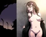  1girl bad_id blush braid breasts brown_eyes brown_hair coat embarrassed exhibitionism flashing glasses idolmaster idolmaster_cinderella_girls long_hair nipples nude okuyama_saori open_clothes open_coat outdoors outside pubic_hair public public_nudity pussy smile solo tkhs twin_braids uncensored undressing 