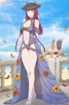  1girl 2023 absurd_res alcohol alluring alternate_costume artist_name balcony bare_legs beach big_breasts black_headwear blue_one-piece_swimsuit blue_sky blue_swimsuit blurry blush breasts cleavage cup depth_of_field detailed_background dress drinking drinking_straw falling_petals female_only fire_emblem fire_emblem_engage fire_emblem_heroes floral_print flower full_body gown hat headgear high_heels high_res ivy_(fire_emblem) ivy_(summer)_(fire_emblem) light-skinned_female light_particles light_rays light_skin long_hair looking_at_viewer midriff navel nintendo ocean official_alternate_costume one-piece_swimsuit open_mouth outside petals purple_eyes purple_hair sand sky smile standing sunlight swimsuit tak0baka thighs white_footwear 
