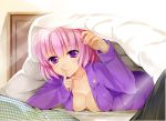  1girl bad_id blanket blush breasts cleavage collarbone finger_to_mouth fingernails kusukoni_melco lying momo_velia_deviluke on_stomach open_clothes open_shirt pillow pink_hair purple_eyes shirt short_hair smile solo to_love-ru to_love-ru_darkness under_covers 
