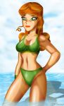  bikini blush breasts cartoon_network cleavage curly_hair green_eyes hourglass_figure izzy_(tdi) lipstick long_hair ocean orange_hair smile solo thick_ass thick_legs thick_thighs total_drama_island water x^j^kny_(artist) 