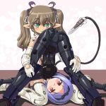 2girls blue_hair blush brown_hair elf_ears embarassed hair_band lying machine multiple_girls original original_character presenting red_eyes robot screw short_hair simple_background tail tube twin_tails twintails upside_down white_background
