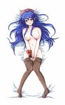  1girl artist_request blue_eyes blue_hair blush breasts covering covering_crotch echizen echizen_(hvcv) fire_emblem fire_emblem:_fuuin_no_tsurugi fire_emblem_fuuin_no_tsurugi hat high_res highres lilina long_hair lying navel nipples nude on_back open_mouth pantyhose pantyhose_pull pussy smile solo sweat uncensored 