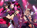  1girl 2boys band capcom cross cross_necklace drill_hair electric_guitar fingerless_gloves gloves guitar halter_top halterneck han_juri instrument jewelry m_bison mask microphone microphone_stand midriff multiple_boys necklace open_mouth otaking shirtless street_fighter street_fighter_iv street_fighter_iv_(series) super_street_fighter_iv trait_connection twin_drills vega 