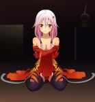  1girl aki99 bare_shoulders blush bodysuit breast_hold breasts cleavage covering covering_breasts detached_sleeves fingerless_gloves gloves guilty_crown hair_ornament hairclip high_res highres leotard long_hair off_shoulder pink_hair red_eyes sitting solo stockings thighhighs twin_tails twintails yuzuriha_inori 