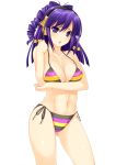 1girl :o ass_visible_through_thighs beatmania beatmania_iidx bell bikini blush breast_hold breasts chestnut_mouth cleavage collarbone drill_hair hair_bell hair_ornament headphones hifumi high_res highres hips jingle_bell kinoshita_ichi large_breasts long_hair looking_at_viewer multicolored_stripes navel open_mouth purple_eyes purple_hair shiny shiny_skin short_hair side-tie_bikini simple_background solo standing strap_gap striped striped_bikini striped_swimsuit swimsuit swimsuits thighs umegiri_hifumi white_background