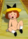bigtyme blush breasts disney embarrassing gloves hairless_pussy hat looking_down madeline_(character) madeline_(series) nipples orange_hair pussy short_hair small_breasts solo surprise