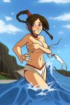 avatar:_the_last_airbender beach bikini blush breasts brown_eyes cleavage cover_up embarrassing ocean ponytail shiny_skin smile topless ty_lee wardrobe_malfunction water zet13