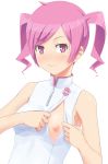  1girl ahoge arms bare_arms bare_shoulders blush breast breast_slip cute digimon digimon_world_re:digitize dress hands_on_breasts highres looking_at_viewer neck nipple nipples one_breast_out one_breast_out_of_clothes open_clothes open_mouth pink_eyes pink_hair rindou_akiho shougi_(116) shy smile solo twin_tails twintails white_background white_clothes 